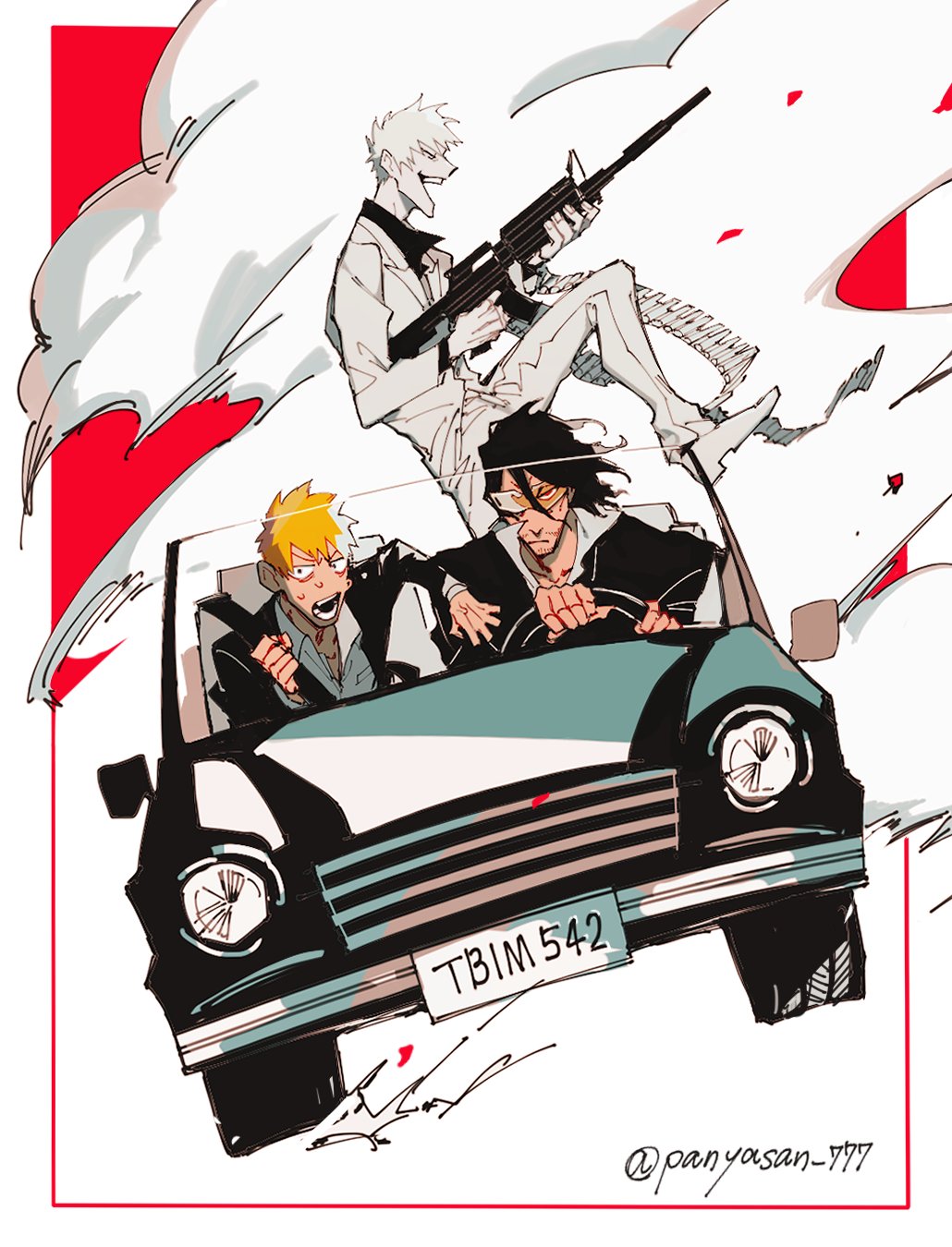 3boys ammunition_belt artist_name assault_rifle beard_stubble black_car black_hair black_jacket black_shirt bleach car closed_eyes closed_mouth collared_jacket collared_shirt driving facial_hair formal_clothes gun hair_between_eyes hand_on_another&#039;s_arm highres holding holding_gun holding_weapon hollow_ichigo jacket kurosaki_ichigo laughing leg_up looking_at_viewer motor_vehicle multiple_boys nervous_sweating open_mouth orange_hair pale_skin pants panyasan_777 red_background rifle seatbelt shirt sitting smoke steering_wheel stubble suit sunglasses sweat tinted_eyewear weapon white_footwear white_hair white_jacket white_pants white_shirt zangetsu_(bleach)