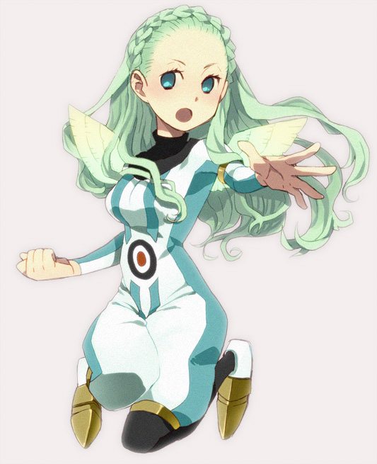 1girl bad_id bad_pixiv_id blue_eyes female_focus forehead green_hair guel inazuma_eleven inazuma_eleven_(series) long_hair open_mouth pantyhose solo unabara_goumou_onzen_(pixiv8505) wings