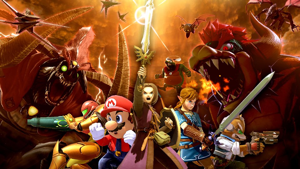 1girl 6+boys arm_cannon armor arwing bat_wings battle blue_eyes bowser commentary_request demon_horns donkey_kong_(series) donkey_kong_country dragon_quest dragon_quest_xi dragon_wings fighting_stance flying fox_mccloud ganon giga_bowser glowing glowing_eyes green_eyes gun hero_(dq11) holding holding_gun holding_sword holding_weapon horns king_k._rool kirby_(series) link mario mario_(series) mask meta_knight metroid multiple_boys nintendo official_art open_mouth power_suit_(metroid) red_eyes ridley samus_aran sharp_teeth slit_pupils spacecraft star_fox super_smash_bros. sword teeth the_legend_of_zelda the_legend_of_zelda:_breath_of_the_wild varia_suit weapon wings wolfen yellow_eyes