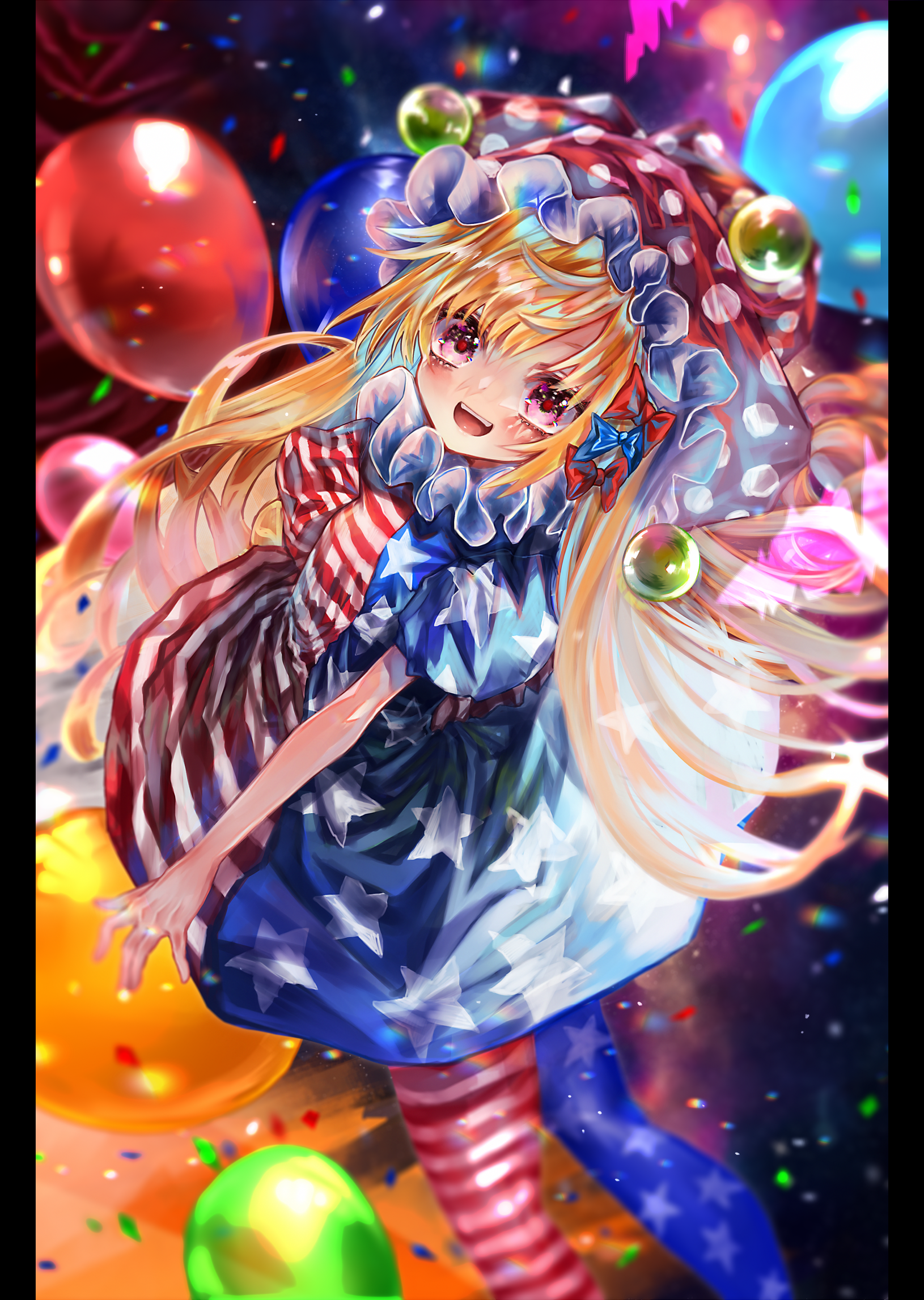 1girl american_flag_dress american_flag_legwear balloon blonde_hair clownpiece dress hat highres jester_cap long_hair looking_at_viewer neck_ruff open_mouth pantyhose polka_dot red_eyes red_hat short_sleeves smile solo star_(symbol) star_print striped syukou touhou very_long_hair