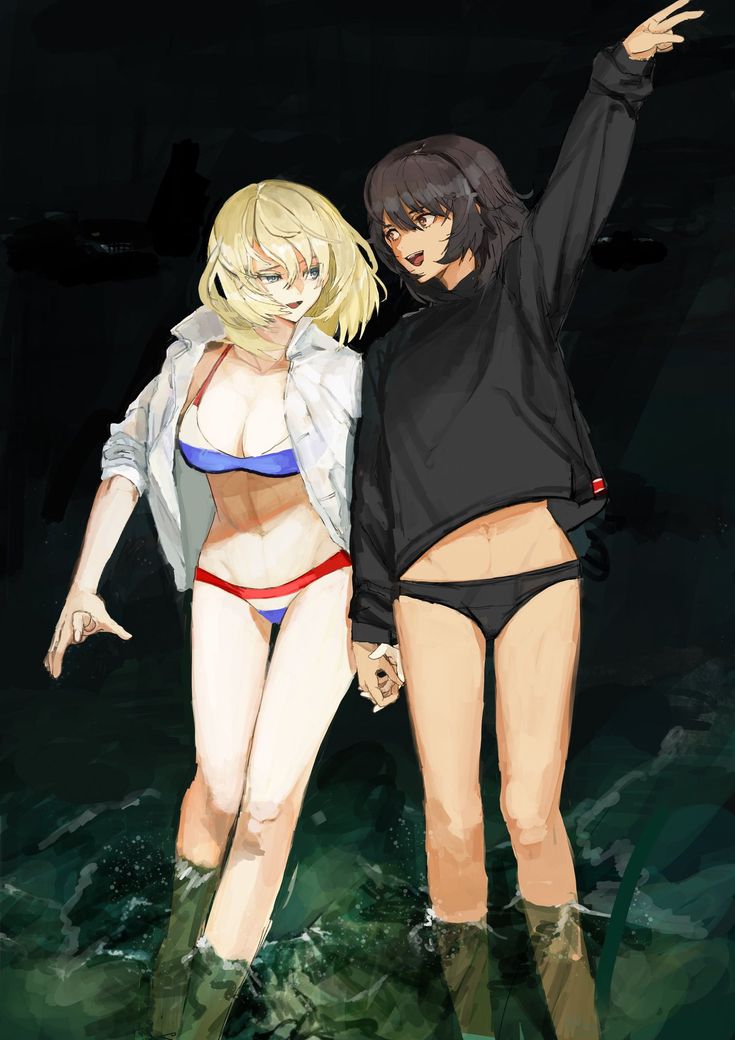 2girls abs andou_(girls_und_panzer) arm_up artist_request bare_legs bikini bikini_under_clothes black_bikini black_hair black_sweater blonde_hair blue_eyes brown_eyes girls_und_panzer groin hand_up holding_hands in_water long_bangs long_sleeves medium_hair midriff midriff_peek multiple_girls navel night night_sky open_clothes open_mouth open_shirt oshida_(girls_und_panzer) short_hair sky sweater swimsuit yuri