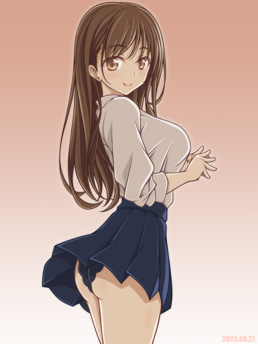 1girl ass black_panties blue_skirt brown_background brown_eyes brown_hair closed_mouth commentary dated from_side gradient_background highres kikuchi_tsutomu long_hair long_sleeves looking_at_viewer looking_back miniskirt original own_hands_together panties pantyshot pleated_skirt shirt skirt smile solo standing underwear white_shirt