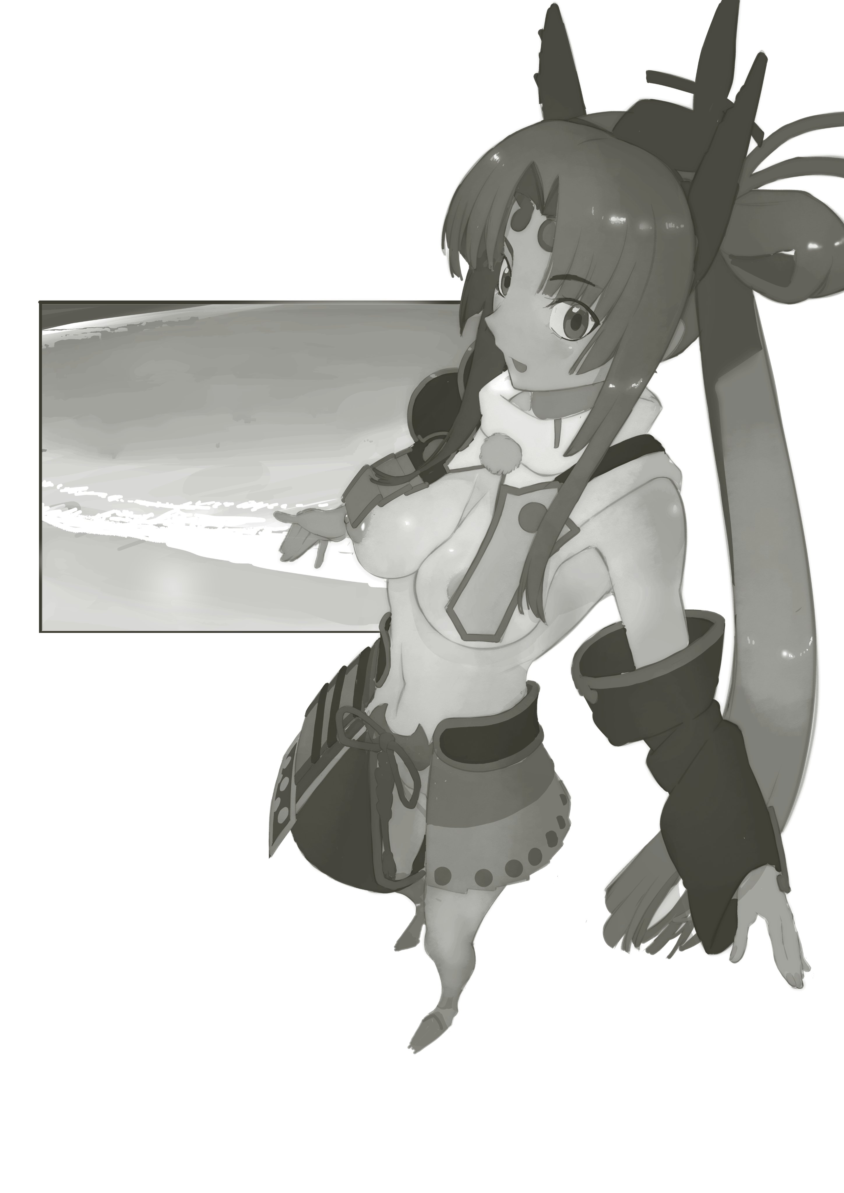 1girl absurdres armor asymmetrical_sleeves breast_curtains breasts detached_sleeves fate/grand_order fate_(series) feather_hair_ornament feathers greyscale hair_bun hair_ornament hat highres japanese_armor long_hair looking_at_viewer medium_breasts mismatched_sleeves monochrome navel nipple_slip nipples open_mouth panties parted_bangs side_bun side_ponytail sidelocks single_hair_bun single_side_bun solo underwear ushiwakamaru_(fate) very_long_hair wide_sleeves wr_(karakusa_senbei)