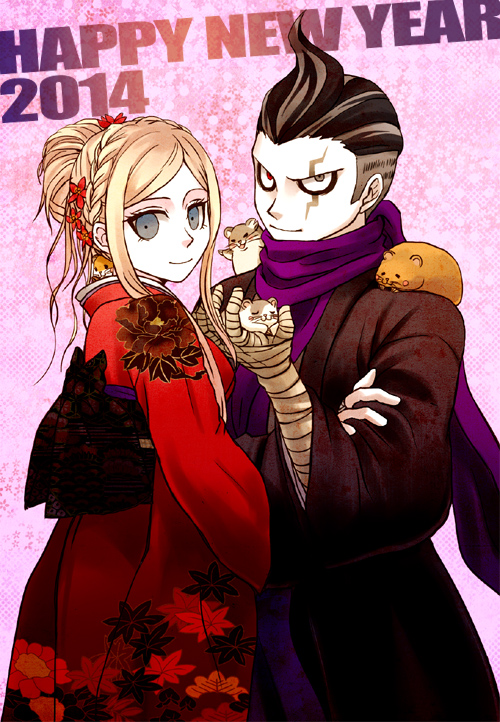 10s 1boy 1girl 2014 bandages black_hair blonde_hair bow cham-p chuunibyou danganronpa_(series) hair_bow hamster happy_new_year heterochromia japanese_clothes jum-p kimono long_hair looking_at_viewer looking_back maga-g multicolored_hair new_year ponytail scar scarf sonia_nevermind sun-d danganronpa_2:_goodbye_despair tanaka_gundham tanaka_gundam tsukishiro50 tsukishiro_ao yukata