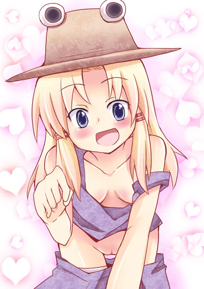 1girl :d altorealize blonde_hair blue_eyes blush breasts cleavage clothes_pull downblouse female_focus hair_ribbon hat heart leaning_forward long_hair moriya_suwako no_bra no_panties off_shoulder open_mouth pussy ribbon skirt skirt_pull smile solo strap_slip touhou uncensored undressing
