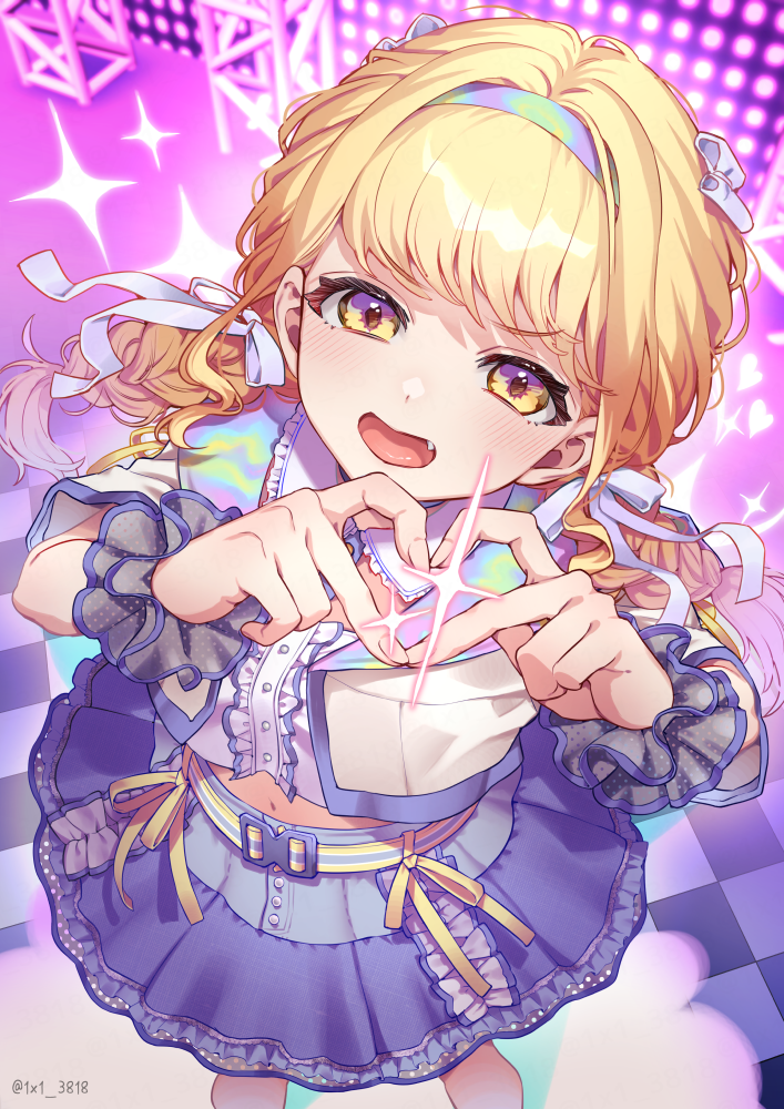 four-finger_heart_hands :o blonde_hair blush braid center_frills checkered_floor commentary_request crop_top cropped_jacket fang frilled_wristband frills fujita_kotone gakuen_idolmaster heart heart_hands idolmaster long_hair looking_at_viewer looking_up midriff navel sekaiichi_kawaii_watashi_(idolmaster) shinima sparkle stage twin_braids twitter_username yellow_eyes