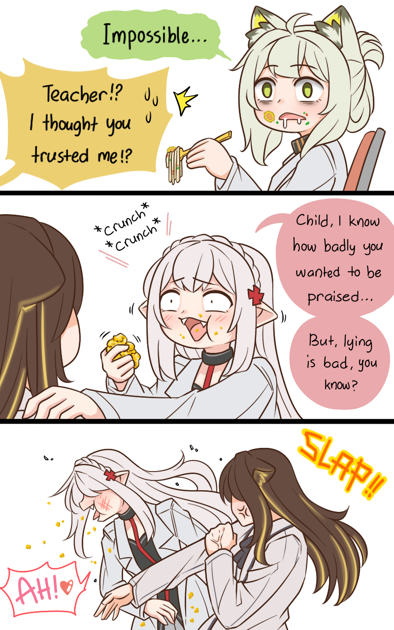 3girls anger_vein animal_ear_fluff animal_ears arknights blonde_hair brown_hair english_text folinic_(arknights) food food_on_face guin_guin highres kal&#039;tsit_(arknights) long_hair meme multicolored_hair multiple_girls pointy_ears popcorn slapping very_long_hair warfarin_(arknights) white_background white_hair will_smith_slapping_chris_rock_(meme)