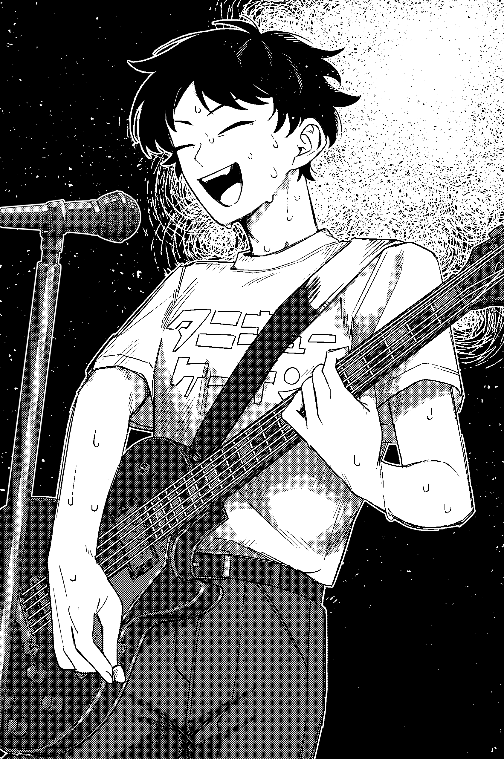 1boy ^_^ absurdres belt closed_eyes electric_guitar futsuu_no_keion-bu greyscale guitar highres holding holding_plectrum instrument microphone microphone_stand monochrome music playing_guitar playing_instrument plectrum rra_(yj) shirt singing smile solo sweat t-shirt yamazoe_satoru