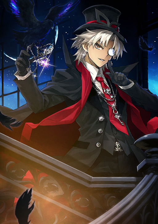 1boy amakusa_shirou_(fate) amakusa_shirou_(phantom_thief)_(fate) animal belt belt_buckle bird black_belt black_cape black_gloves black_hat black_jacket black_mask black_pants black_vest blue_sky brown_eyes buckle buttons cape chain chain_necklace collared_shirt cowboy_shot crow curtained_hair dark-skinned_male dark_skin domino_mask dress_shirt earrings falling_feathers fate/grand_order fate_(series) feathers finger_to_mouth glint gloves hat hat_ribbon index_finger_raised indoors jacket jewelry key konoe_ototsugu lapels long_sleeves looking_at_viewer male_focus mask medium_hair monocle necklace necktie official_art opaque_monocle open_clothes open_jacket pants parted_lips red_necktie red_ribbon red_scarf ribbon scarf shirt shushing silver_chain sky smile solo sparkle stairs star_(sky) starry_sky sweater_guard teeth third-party_source top_hat unbuttoned unworn_jewelry unworn_mask v-shaped_eyebrows vest waistcoat white_hair white_shirt window wing_collar