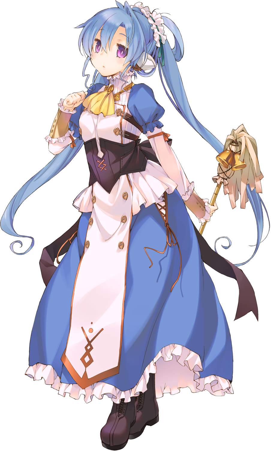 1girl :o bell blue_hair boots breasts bright_pupils clenched_hand dress dungeon_travelers_2 duster expressionless female_focus full_body headdress highres holding ist kokonoka long_hair long_sleeves looking_at_viewer official_art purple_eyes small_breasts solo transparent_background twintails