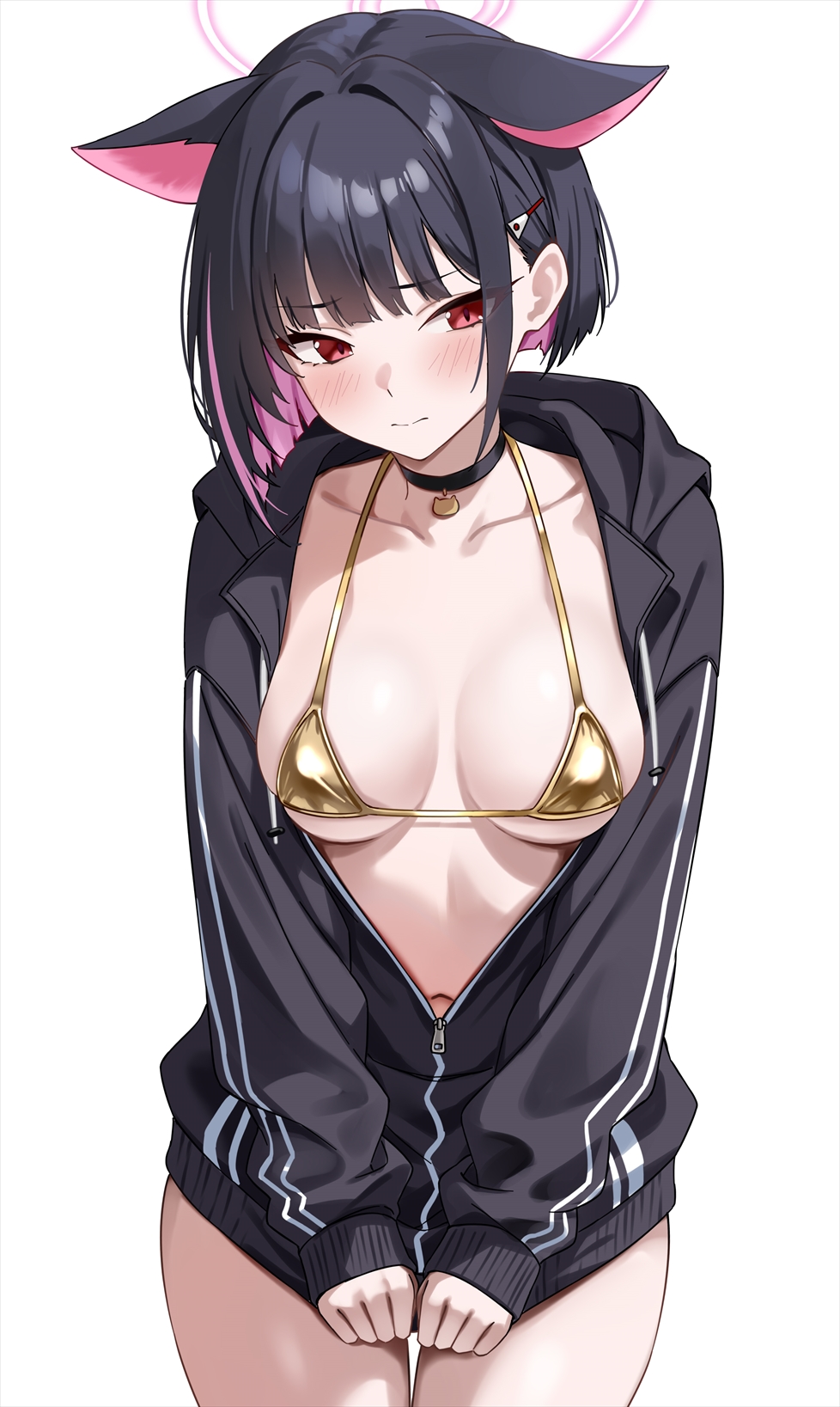 1boy 1girl animal_ears bikini black_choker black_hair black_jacket blue_archive breasts cat_ears cat_girl choker collarbone gold_bikini halo highres jacket kazusa_(blue_archive) long_sleeves marisasu_(marisa0904) medium_breasts multicolored_hair pink_hair pink_halo red_eyes short_hair simple_background swimsuit white_background