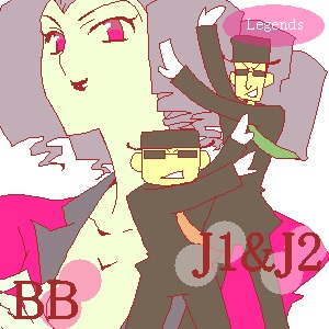 1girl 2boys bb_(legendz) hat j1_(legendz) j2_(legendz) legendz looking_at_viewer lowres multiple_boys smile sunglasses