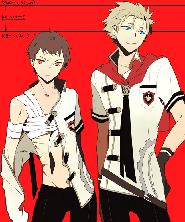 2boys ace_(fft-0) bandaged_arm bandages belt belt_buckle black_necktie black_pants black_sleeves blonde_hair breast_pocket brown_belt brown_hair buckle chest_sarashi closed_mouth collarbone cowboy_shot crest eight_(fft-0) final_fantasy final_fantasy_type-0 frown gear_print height_difference jacket jacket_partially_removed layered_sleeves long_sleeves looking_to_the_side male_focus messy_hair multiple_boys navel necktie pants parted_lips pocket red_background red_eyes ribs sarashi short_hair short_over_long_sleeves short_sleeves single_bare_shoulder size_difference smirk standing suou_(sdurorhr) white_jacket