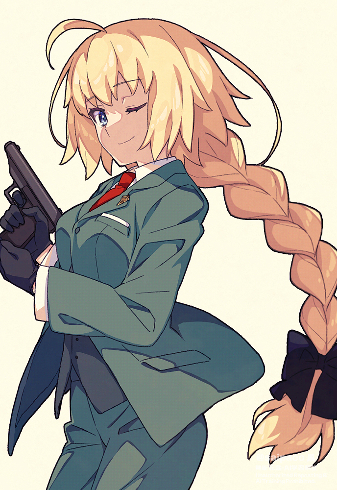 1girl ahoge black_gloves blonde_hair blue_eyes breasts cosplay fate/apocrypha fate_(series) formal_clothes gloves green_suit gun jeanne_d&#039;arc_(fate) jeanne_d&#039;arc_(ruler)_(fate) large_breasts long_hair looking_at_viewer necktie one_eye_closed saipaco smile solo spy_x_family suit twilight_(spy_x_family) twilight_(spy_x_family)_(cosplay) very_long_hair weapon