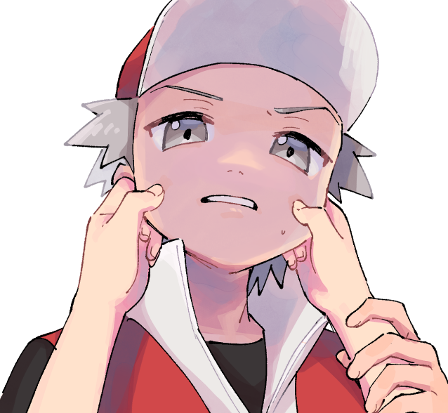 1boy 1girl cheek_pinching commentary_request creatures_(company) female_pov game_freak grey_eyes grey_hair hat holding_another&#039;s_wrist lyra_(pokemon) male_focus nintendo pinching pokemon pokemon_hgss portrait pov pov_hands pumpkinpan red_(pokemon) red_hat red_vest sweatdrop vest