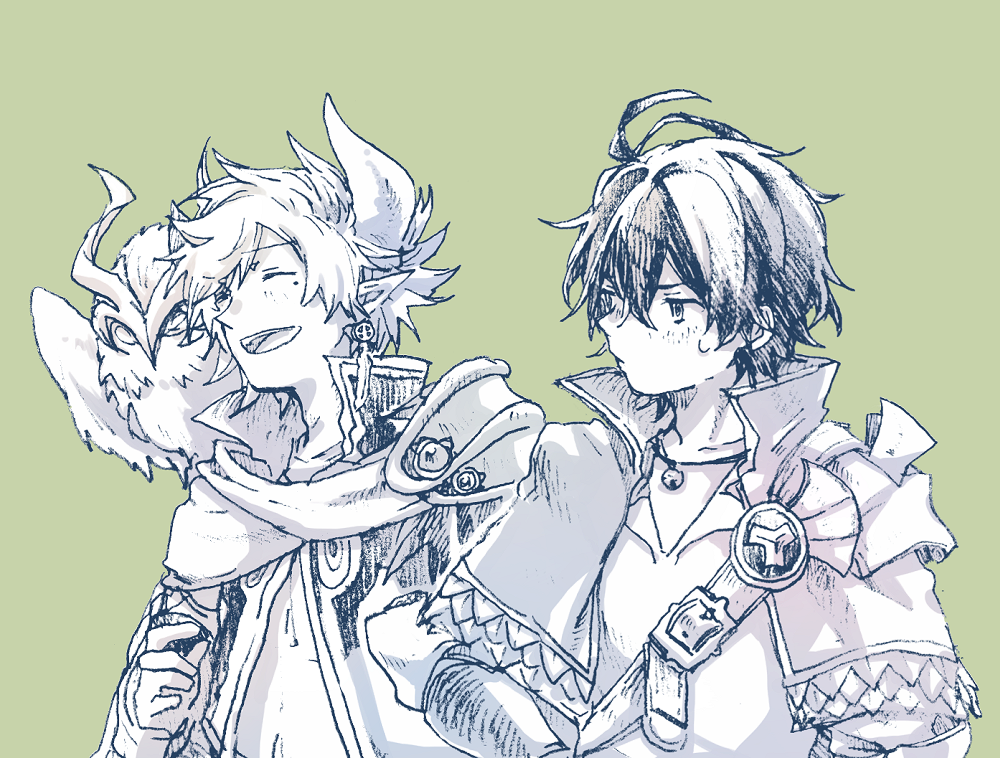 2boys :d ahoge aldo_(another_eden) animal animal_on_shoulder another_eden armor asymmetrical_horns bell bird bird_on_shoulder blush capelet closed_eyes collarbone collared_capelet commentary_request demon_boy demon_horns double-parted_bangs dunarith_(another_eden) earrings green_background greyscale_with_colored_background hair_between_eyes hand_on_own_hip hatching_(texture) horns jewelry jingle_bell laughing linear_hatching long_pointy_ears long_sleeves looking_at_another looking_to_the_side male_focus michibata_65 mole mole_under_eye multiple_boys necklace open_mouth owl parted_bangs pauldrons pendant pointy_ears popped_collar shirt short_hair shoulder_armor shoulder_belt side-by-side sideways_glance simple_background single_pauldron smile sweatdrop uneven_horns upper_body v-neck