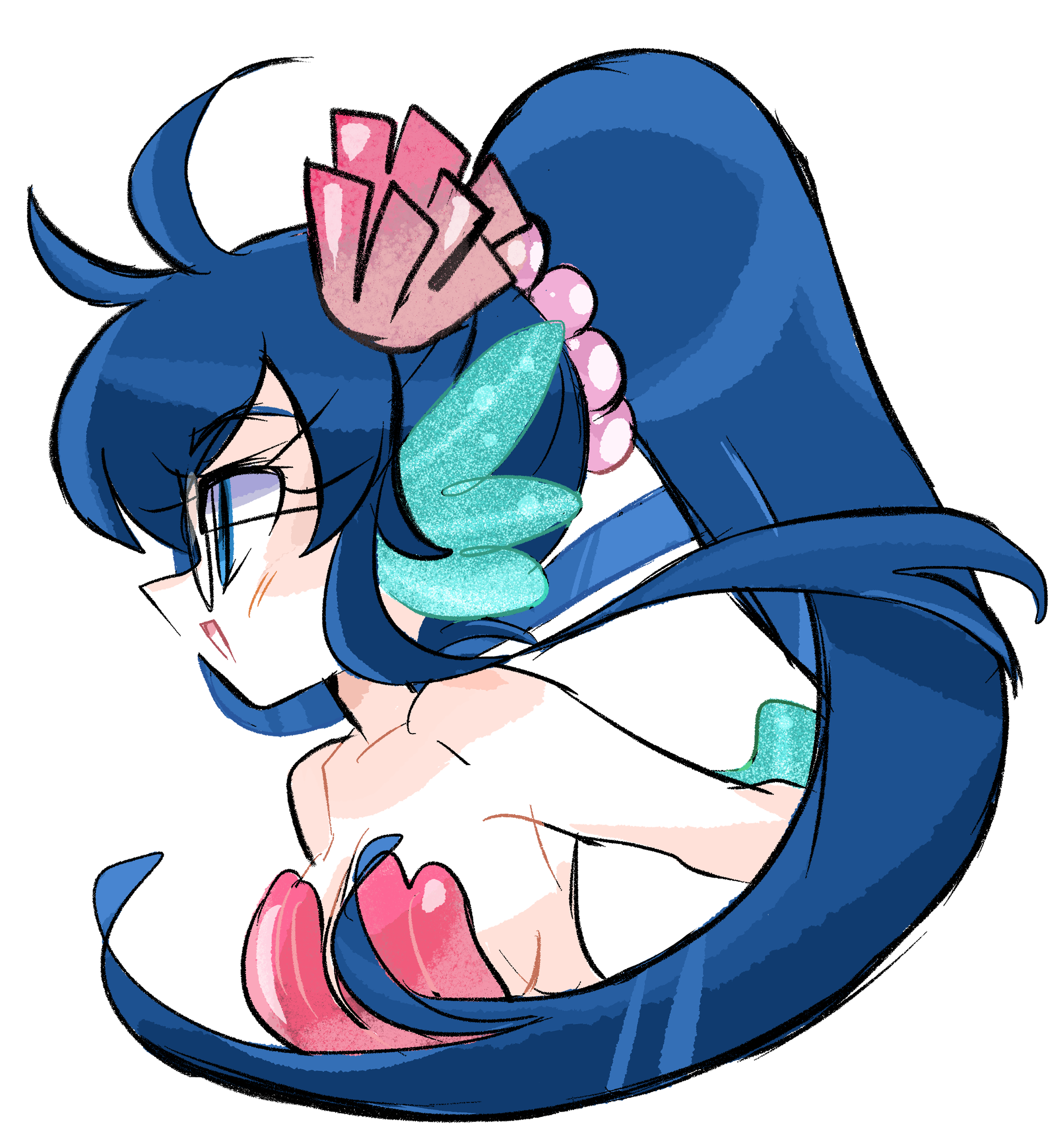 1girl absurdres blue_eyes blue_hair blush breasts commentary_request commission eyelashes from_side fuuko_(kazeoceantide) glasses highres long_hair open_mouth original pixiv_commission ponytail profile rakugaki_shitagari-ya shell shell_bikini smile solo transparent_background