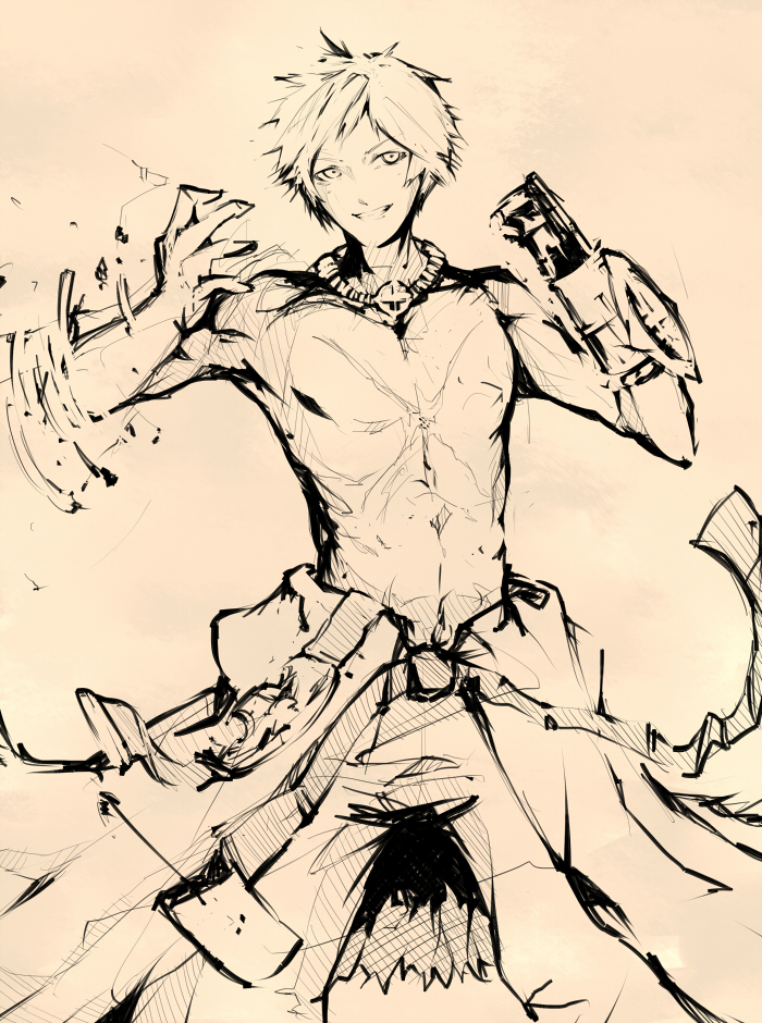 1boy clenched_hand clothes_around_waist commentary_request cowboy_shot cross_scar facial_scar gauntlets grin jewelry looking_at_viewer male_focus monochrome necklace pants ragnarok_online scar scar_on_cheek scar_on_face shirt shirt_around_waist short_hair simple_background smile solo sura_(ragnarok_online) topless_male tugmix yellow_theme