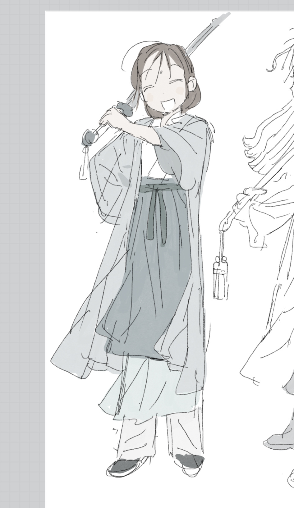2girls brown_hair chinese_clothes full_body hanfu happy highres huadian jian_(weapon) jiaoling_ruqun ma_fu multiple_girls original pale_color sketch smile solo_focus sword weapon weichang