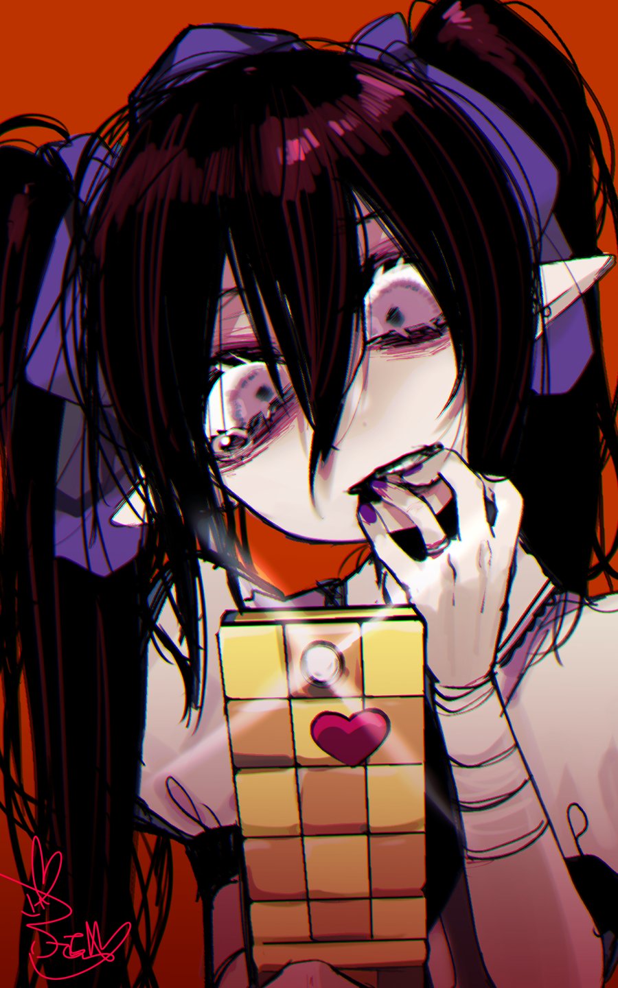 1girl bandaged_wrist bandages biting black_hair blood blood_on_hands bow camera_phone cellphone clenched_teeth collared_shirt commentary_request flip_phone fua_yuu hair_between_eyes hair_bow hand_to_own_mouth hat hata-tan_(rui_(hershe)) highres himekaidou_hatate holding holding_phone jewelry long_hair nail_biting nail_polish phone pointy_ears purple_bow purple_eyes purple_hat purple_nails red_background ring shirt short_sleeves simple_background solo tears teeth tokin_hat touhou twintails upper_body very_long_hair white_shirt