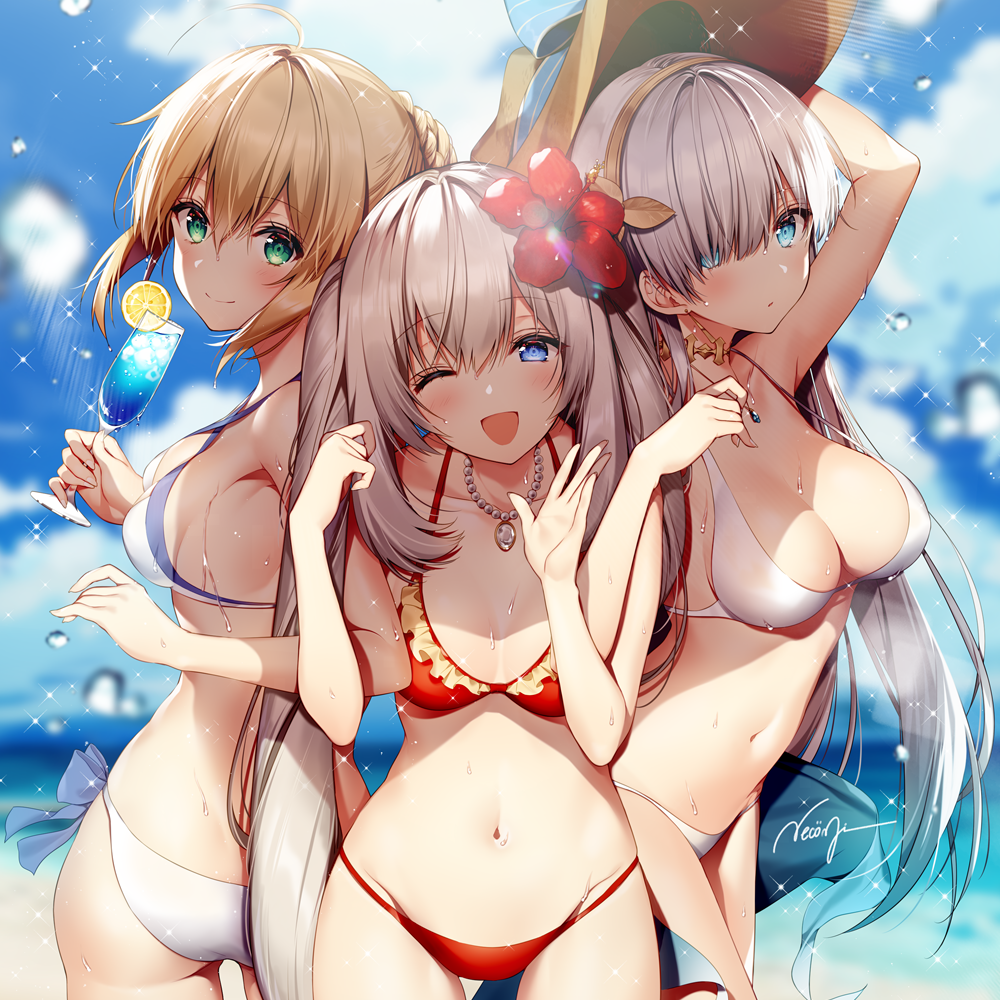 3girls :d ahoge alternate_costume anastasia_(fate) artoria_pendragon_(fate) artoria_pendragon_(swimsuit_archer)_(fate) artoria_pendragon_(swimsuit_archer)_(first_ascension)_(fate) ass bare_shoulders beach bikini blonde_hair blue_eyes blue_sky blurry blurry_background blush braid breasts choker cleavage closed_mouth collarbone commentary_request cowboy_shot cup day drinking_glass fate/grand_order fate_(series) flower food fruit girl_sandwich green_eyes groin hair_between_eyes hair_flower hair_ornament hair_over_one_eye hair_ribbon hairband hand_on_headwear hat head_tilt holding holding_cup holding_drinking_glass jewelry large_breasts lemon lemon_slice light_particles light_rays locked_arms long_hair looking_at_viewer marie_antoinette_(fate) marie_antoinette_(swimsuit_caster)_(first_ascension)_(fate) medium_breasts multiple_girls necklace necomi ocean one_eye_closed open_mouth outdoors red_bikini ribbon saber_(fate) sand sandwiched sarong shade side-tie_bikini_bottom signature silver_hair sky smile stomach sun_hat swimsuit textless_version thighs tropical_drink twintails very_long_hair water_drop waving wet white_bikini