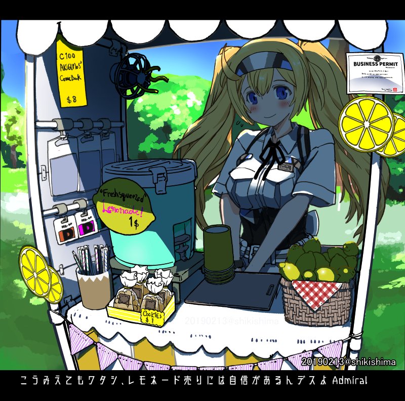 1girl adapted_costume basket blonde_hair blue_eyes collared_shirt commentary_request cookie cooler corset cup dated disposable_cup electric_fan english_text female_focus food fruit gambier_bay_(kancolle) hairband kantai_collection kiosk lemon lemonade looking_at_viewer own_hands_together shikishima_fugen shirt smile solo straw translation_request twintails twitter_username upper_body white_shirt