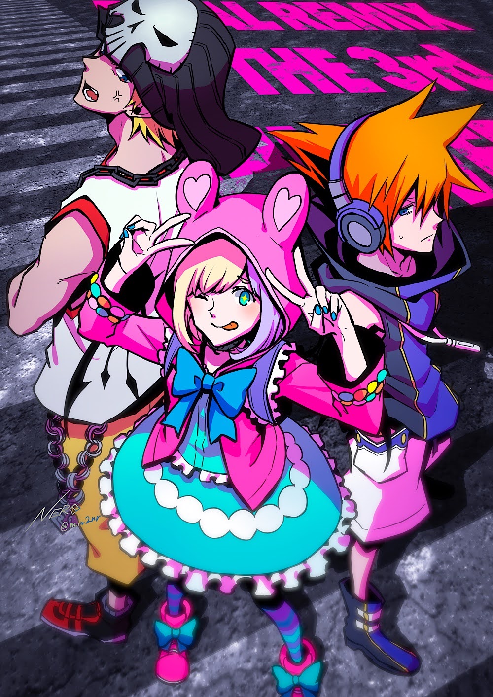 2boys anger_vein animal_ear_hood aqua_dress atarashi_coco beanie bito_daisukenojo black_shirt blonde_hair blue_bow blue_bowtie blue_nails boots bow bowtie brown_pants brown_shorts chain chain_necklace crossed_arms double_v dress eme_(204) fake_animal_ears frilled_dress frills hand_in_pocket hat headphones highres hood hoodie jewelry looking_at_viewer multicolored_hair multicolored_shoes multiple_boys necklace one_eye_closed orange_hair pants pink_boots pink_hoodie purple_hair purple_headphones purple_shirt sakuraba_neku shirt shorts sleeveless sleeveless_shirt socks striped_clothes striped_socks subarashiki_kono_sekai tongue tongue_out two-tone_hair two-tone_shirt two-tone_shoes v white_shirt white_shorts