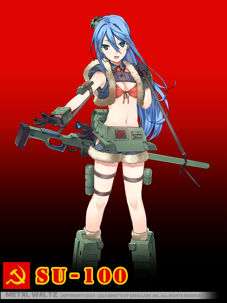 1girl assault_gun bad_id bad_pixiv_id bikini bikini_top_only blue_hair breasts cleavage female_focus fur-trimmed_jacket fur_trim gloves green_eyes gun headgear jacket long_hair mecha_musume medium_breasts military military_vehicle motor_vehicle navel official_art original panzer_waltz personification solo soviet su-100 su-100_(metal_waltz) su-100_(panzer_waltz) swimsuit tama_(tamatamo) tank vehicle weapon