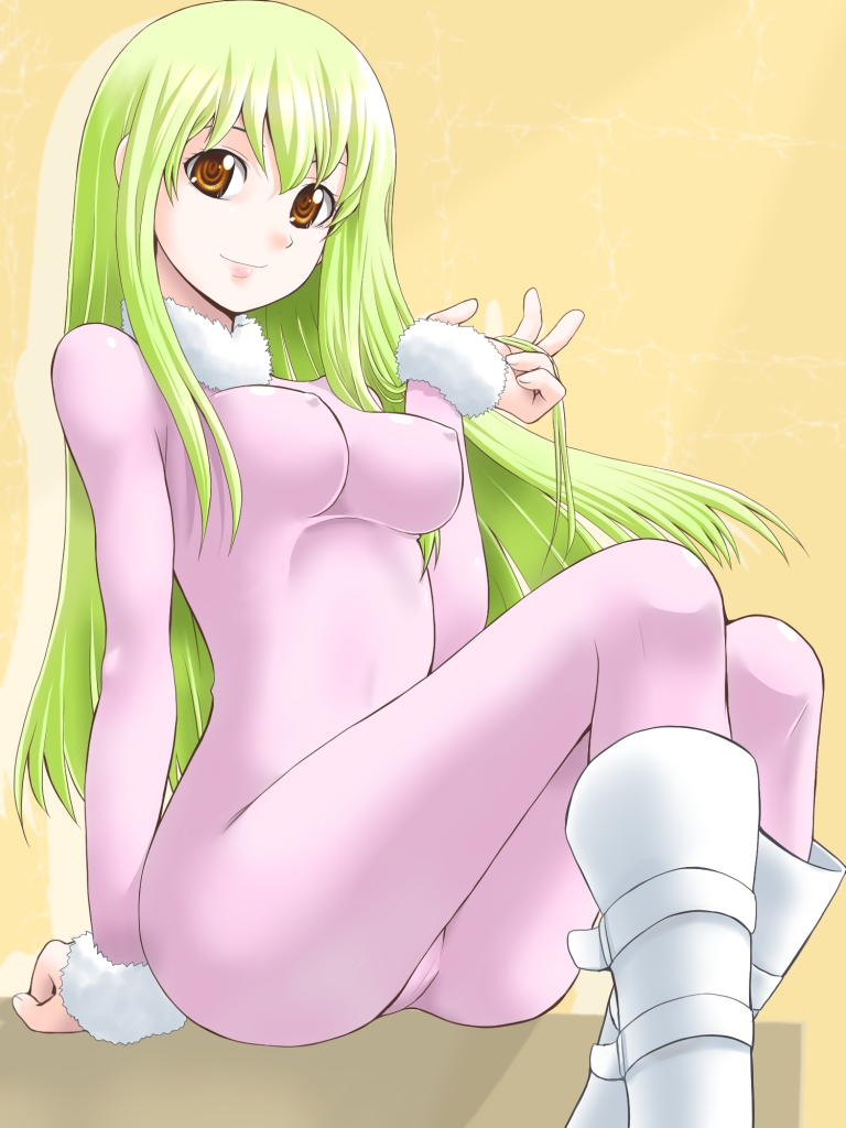 1girl amber_(darker_than_black) arm_support bodysuit boots breasts brown_eyes covered_erect_nipples darker_than_black female_focus green_hair long_hair medium_breasts no_bra no_panties sitting skin_tight solo yaso_shigeru
