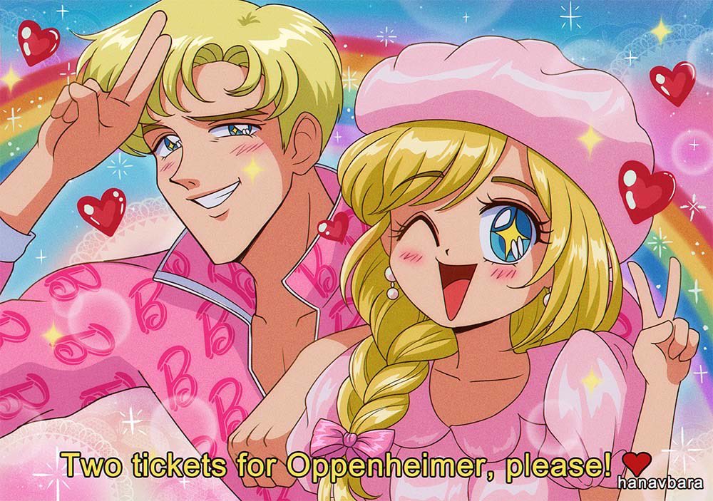 1boy 1girl barbenheimer_(meme) barbie_(character) barbie_(franchise) barbie_(live_action) blonde_hair blue_sky blush cloud cloudy_sky english_text hanavbara heart jacket ken_(barbie) meme one_eye_closed oppenheimer_(movie) pink_clouds pink_jacket rainbow sky smile stereotypical_barbie_(live_action) y2k_fashion