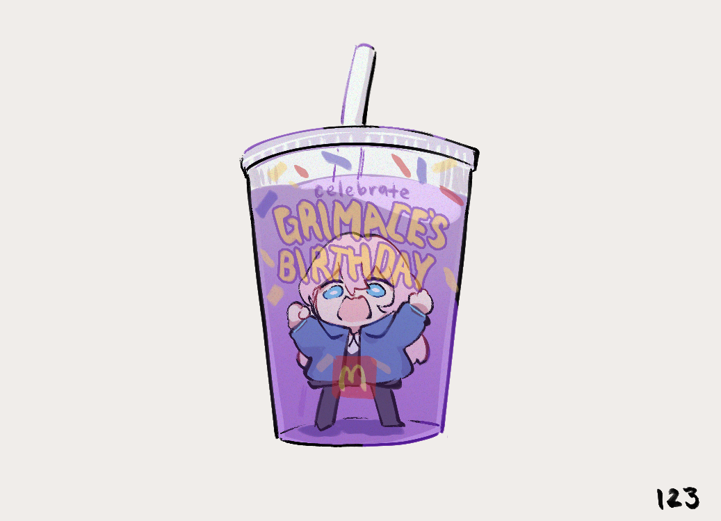 1girl arknights black_pantyhose black_ribbon black_shorts blue_eyes blue_jacket blue_poison_(arknights) chibi cup drinking_straw full_body grey_background grimace_shake_(meme) hair_between_eyes in_container in_cup jacket long_hair long_sleeves looking_at_viewer mcdonald&#039;s meme mini_person neck_ribbon open_clothes open_jacket open_mouth pantyhose pantyhose_under_shorts pink_hair ribbon ruri_(dailybloopy) shirt shorts sidelocks simple_background solo white_shirt