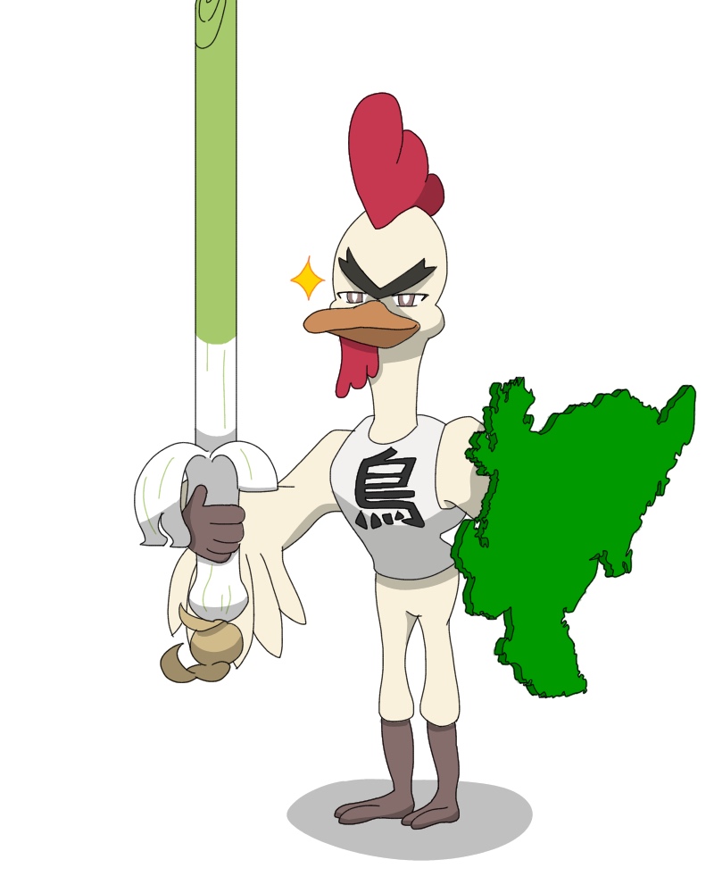 bird black_footwear black_gloves chicken cosplay drive-in_tori food gen_8_pokemon gloves grey_eyes holding holding_food holding_spring_onion holding_vegetable kumata nintendo no_humans pokemon saga_prefecture shirt sirfetch&#039;d sirfetch&#039;d_(cosplay) smug spring_onion standing t-shirt thick_eyebrows unibrow vegetable zombie_land_saga