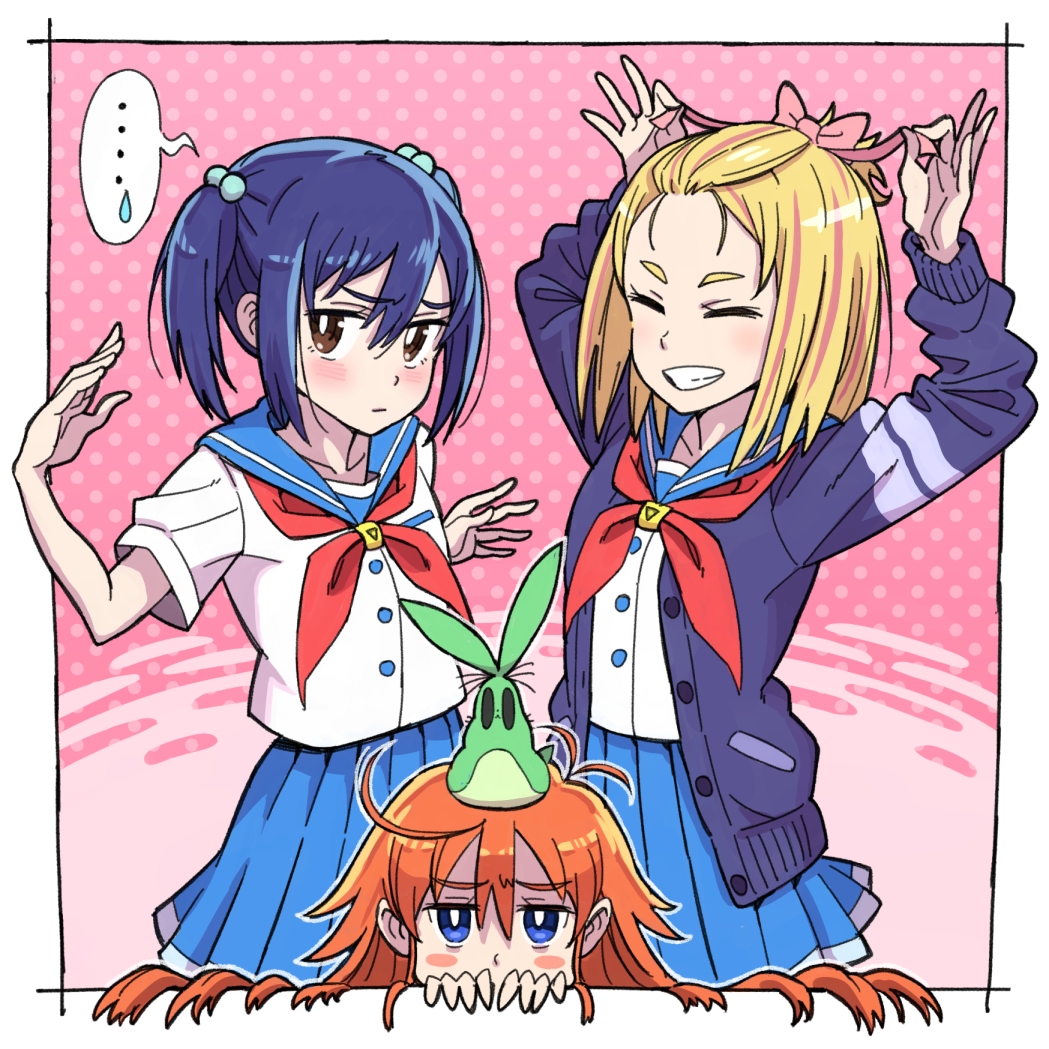 ... 3girls ahoge alternate_hairstyle antenna_hair arms_up bangs_pinned_back blonde_hair blue_eyes blue_hair blue_skirt blush blush_stickers brown_eyes cardigan collarbone flip_flappers fourth_wall grin hair_bobbles hair_ornament hair_ribbon jitsusan kokomine_cocona long_hair looking_at_viewer multicolored_hair multiple_girls neckerchief orange_hair outside_border papika_(flip_flappers) pink_background pleated_skirt polka_dot polka_dot_background red_neckerchief red_ribbon ribbon school_uniform serafuku short_hair short_sleeves skirt smile speech_bubble spoken_ellipsis spoken_sweatdrop streaked_hair sweatdrop twintails two_side_up uexkull yayaka