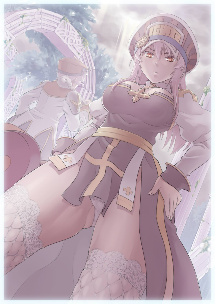1boy 1girl arch_bishop_(ragnarok_online) architecture black_dress breasts closed_mouth cloud column commentary_request cowboy_shot dress from_below gluteal_fold hair_between_eyes hands_on_own_hips hat high_priest_(ragnarok_online) holding holding_staff lace lace_legwear large_breasts long_hair long_sleeves looking_at_viewer outdoors panties peaked_cap pillar pink_hair ragnarok_online red_eyes red_headwear red_shirt shirt short_hair sky solo_focus staff standing susukinohukurou thighhighs tree underwear white_panties white_shirt white_thighhighs