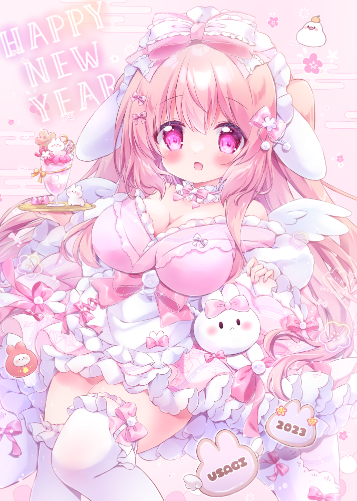1girl 2023 animal_ears apron bow breasts chiika_(cure_cherish) chinese_zodiac cleavage commentary_request dress english_text fake_animal_ears food frilled_apron frilled_dress frilled_thighhighs frills hair_ribbon happy_new_year large_breasts long_hair new_year open_mouth original parfait pink_bow pink_dress pink_eyes pink_hair pink_ribbon rabbit_ears ribbon romaji_text smile solo thighhighs two_side_up white_apron white_thighhighs year_of_the_rabbit yume_kawaii