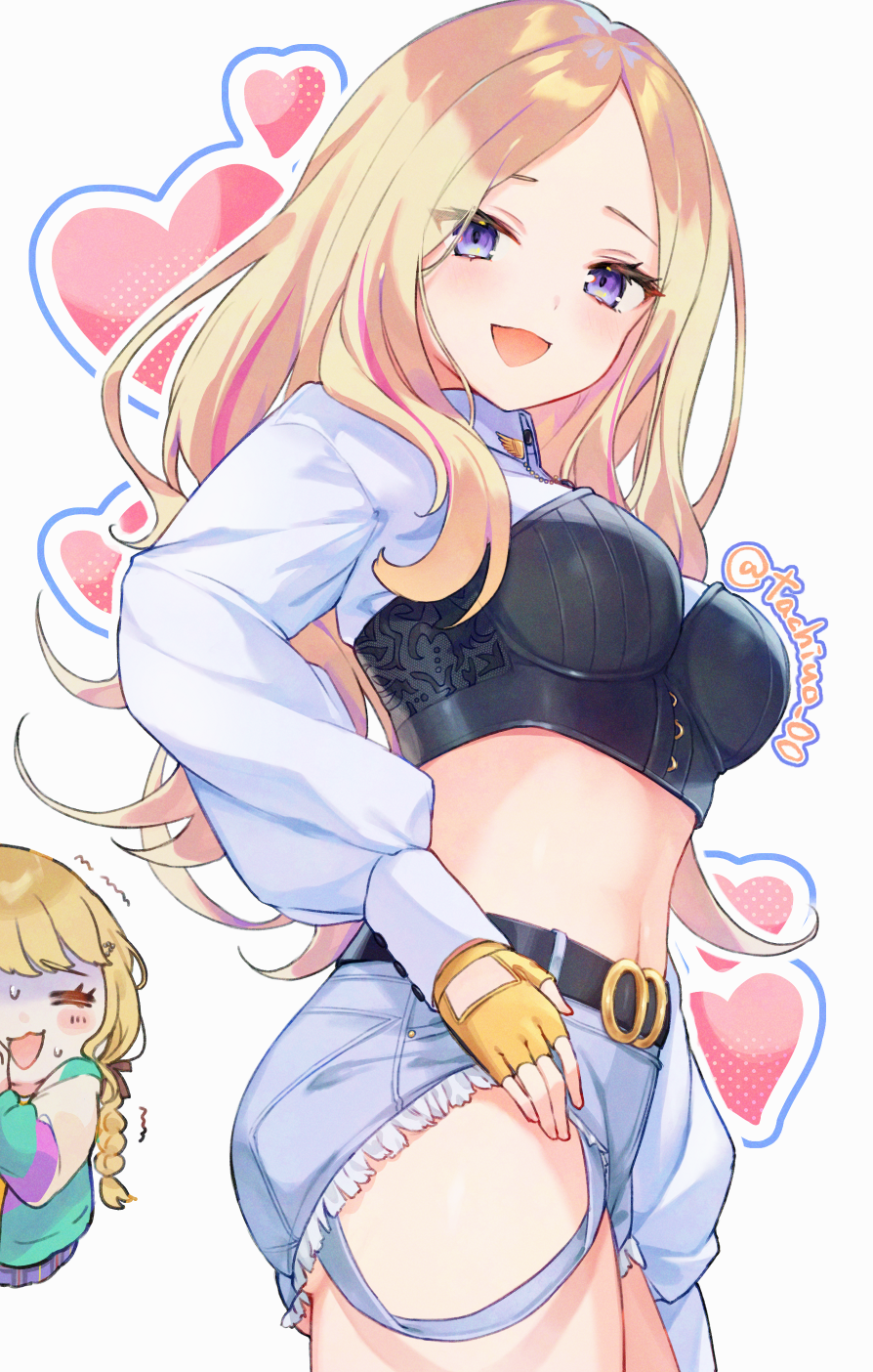 2girls ^_^ belt blonde_hair blush bra_over_clothes braid closed_eyes fingerless_gloves fujita_kotone gakuen_idolmaster gloves grey_shorts heart highres idolmaster jacket juo_sena long_hair looking_at_viewer midriff miyanome multicolored_hair multicolored_jacket multiple_girls navel peeking_out pink_hair shirt short_shorts shorts smile trembling turn_pale twin_braids two-tone_hair very_long_hair white_shirt yellow_gloves