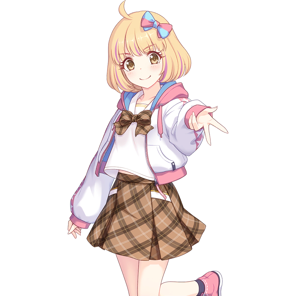 1girl ahoge black_socks blonde_hair bow bowtie brown_bow brown_bowtie chieru_(princess_connect!) chieru_(real)_(princess_connect!) closed_mouth collarbone colored_inner_hair cowboy_shot floating_clothes gyaru_v hair_ornament hair_ribbon hood hoodie miniskirt multicolored_hair multicolored_hoodie official_art pink_shoes princess_connect! ribbon school_uniform shirt shoes short_hair skirt smile socks st._johanna&#039;s_private_girls_institute_school_uniform standing standing_on_one_leg star_(symbol) star_in_eye symbol_in_eye tachi-e transparent_background two-tone_ribbon v white_background white_shirt yellow_eyes