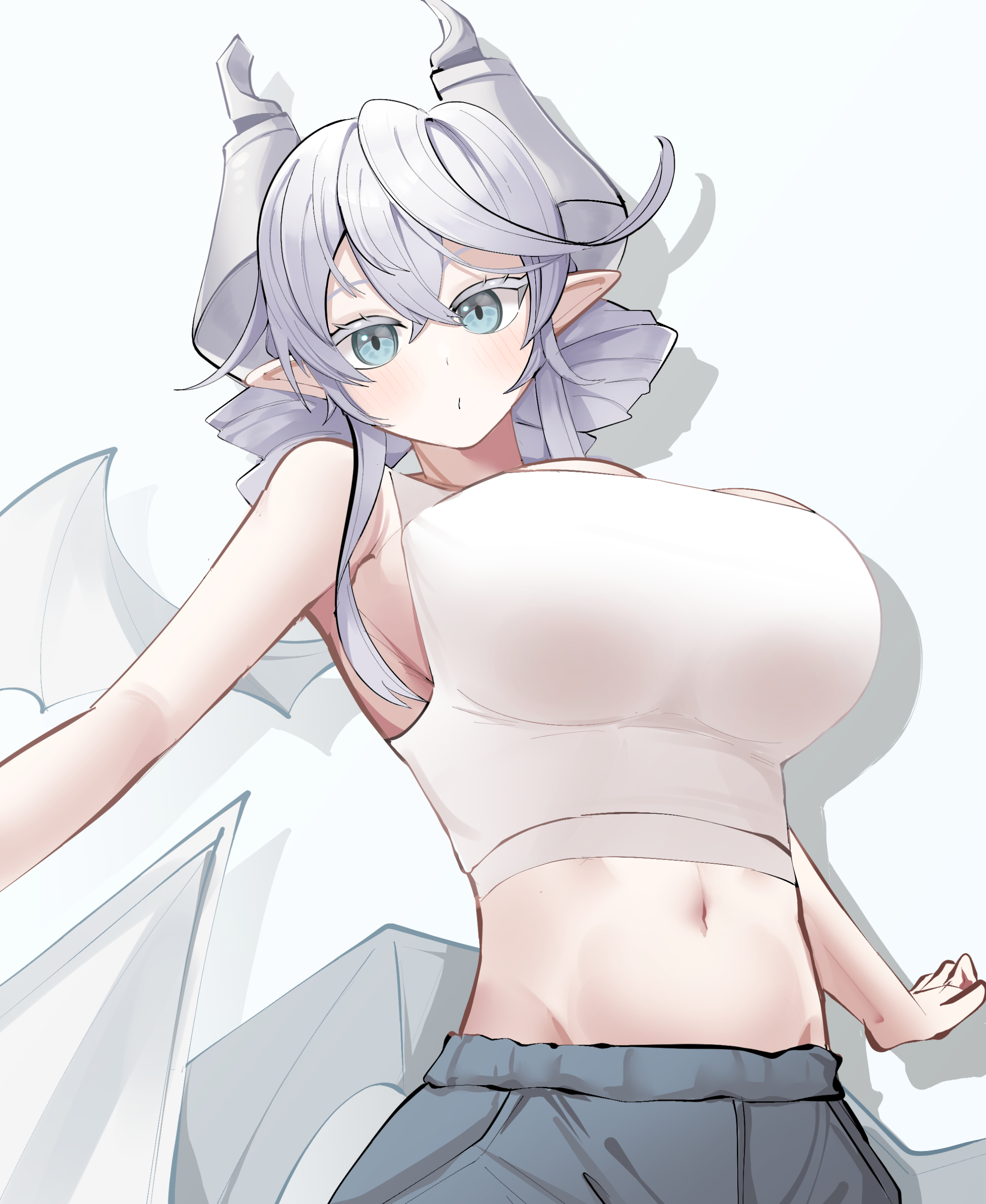 1girl absurdres bare_shoulders breasts cleavage cotan_(actancyaga) cowboy_shot crop_top demon_girl drill_hair duel_monster grey_eyes grey_hair highres large_breasts lovely_labrynth_of_the_silver_castle low_wings missing_commentary multiple_wings navel pointy_ears shirt simple_background solo twin_drills white_background white_shirt white_wings wings yu-gi-oh!