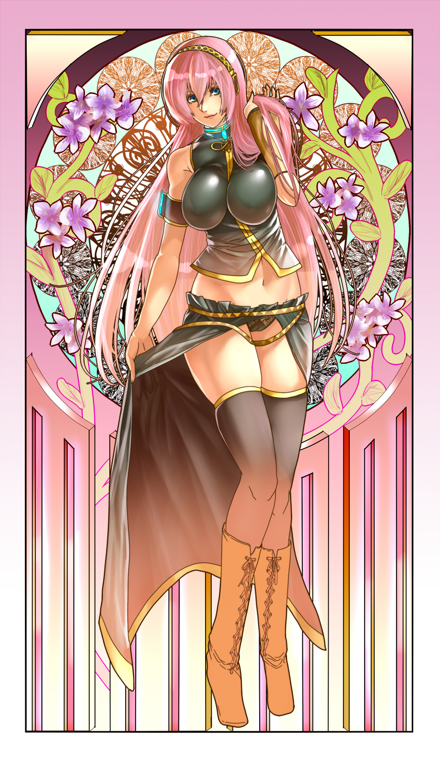 1girl art_nouveau black_panties blue_eyes boots breasts cameltoe female_focus flower highres impossible_clothes impossible_shirt lace lace_panties large_breasts long_hair looking_at_viewer megurine_luka midriff navel panties pantyshot pink_hair puu_maru shirt skirt smile solo thighhighs underwear upskirt very_long_hair vocaloid