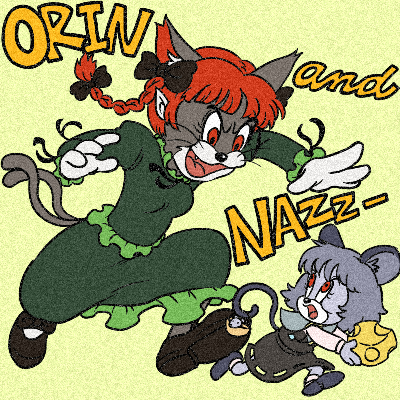 2girls animal_ears basket bow braid cat cat_ears cat_tail chasing cheese crossover fang faux_traditional_media food furrification furry furry_female fusion hair_bow jerry_(tom_and_jerry) kaenbyou_rin mouse_(animal) mouse_ears mouse_tail multiple_girls multiple_tails nazrin open_mouth parody pointy_ears red_eyes rojiuu running style_parody tail tom tom_and_jerry touhou twin_braids