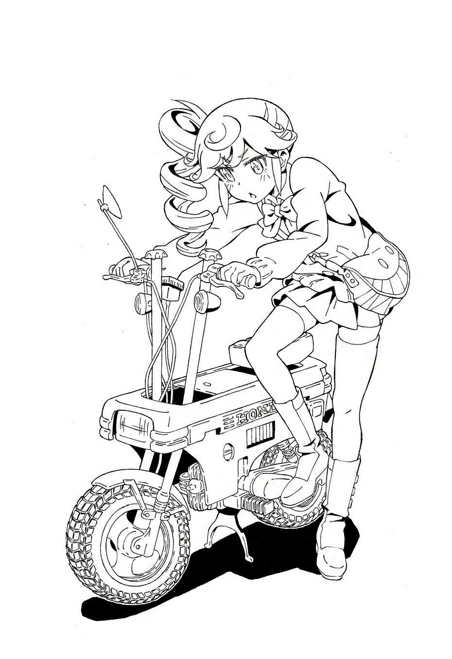 1girl aonosaki_unne bag blush boots bow bowtie chestnut_mouth drill_hair eyebrows female_focus full_body greyscale highres honda honda_motocompo lineart long_hair long_sleeves minibike miniskirt monkey_bike monochrome motor_vehicle motorcycle noped nori_gutchin pleated_skirt side_ponytail simple_background skirt solo thighhighs watashitachi_luck_logic-bu! white_background zettai_ryouiki