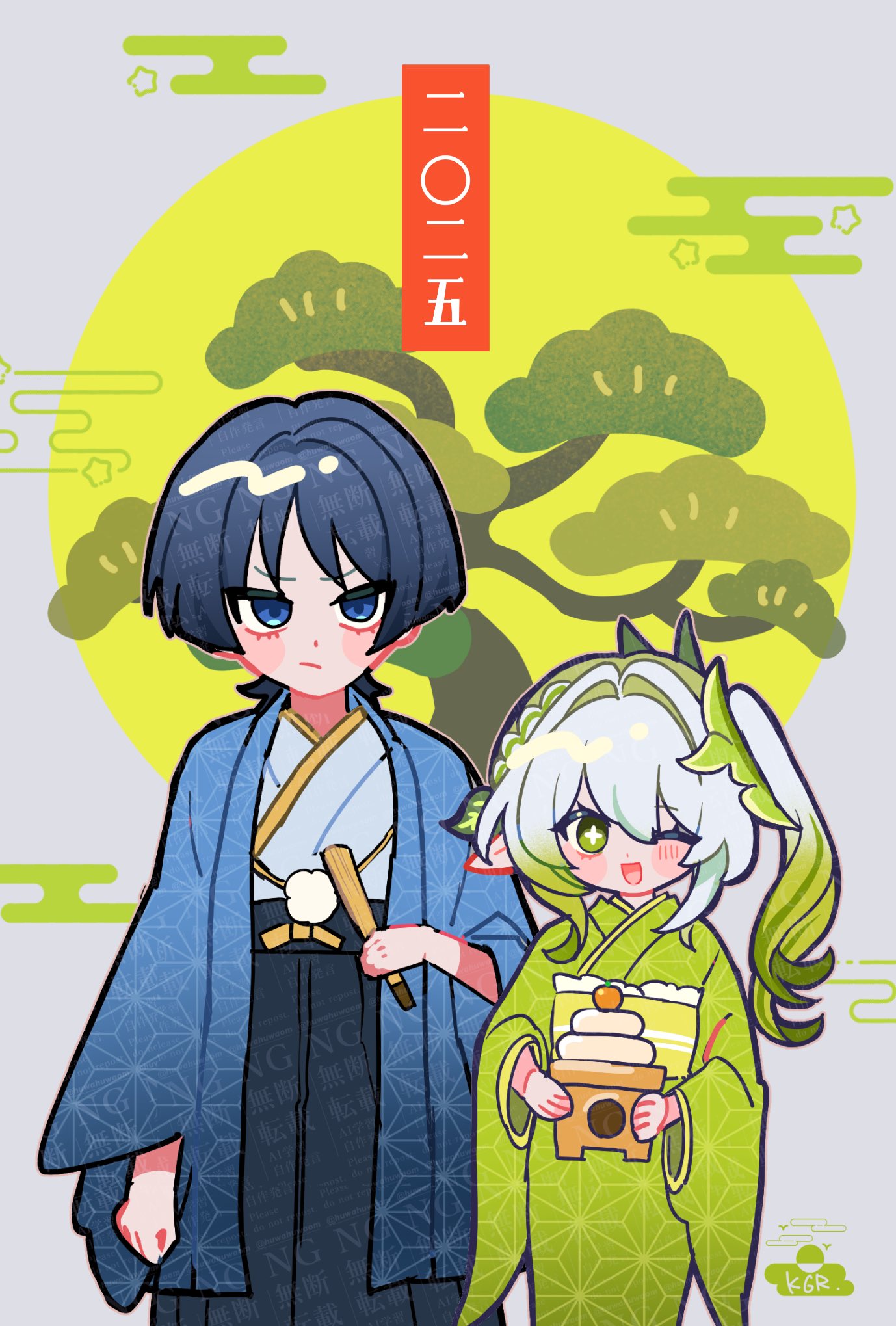 1boy 1girl arm_at_side black_hair blue_eyes blue_haori blue_sleeves blunt_ends blush_stickers closed_mouth cross-shaped_pupils folding_fan genshin_impact green_eyes green_hair green_kimono green_sleeves hair_between_eyes hair_intakes hair_ornament half_crown_braid han'eri hand_fan haori haori_himo highres holding holding_fan huwahuwaom japanese_clothes kimono leaf leaf_hair_ornament long_hair long_sleeves looking_at_viewer multicolored_hair nahida_(genshin_impact) obi obijime one_eye_closed open_mouth pointy_ears sash scaramouche_(genshin_impact) side-by-side side_ponytail sidelocks standing streaked_hair symbol-shaped_pupils translation_request watermark white_hair white_kimono