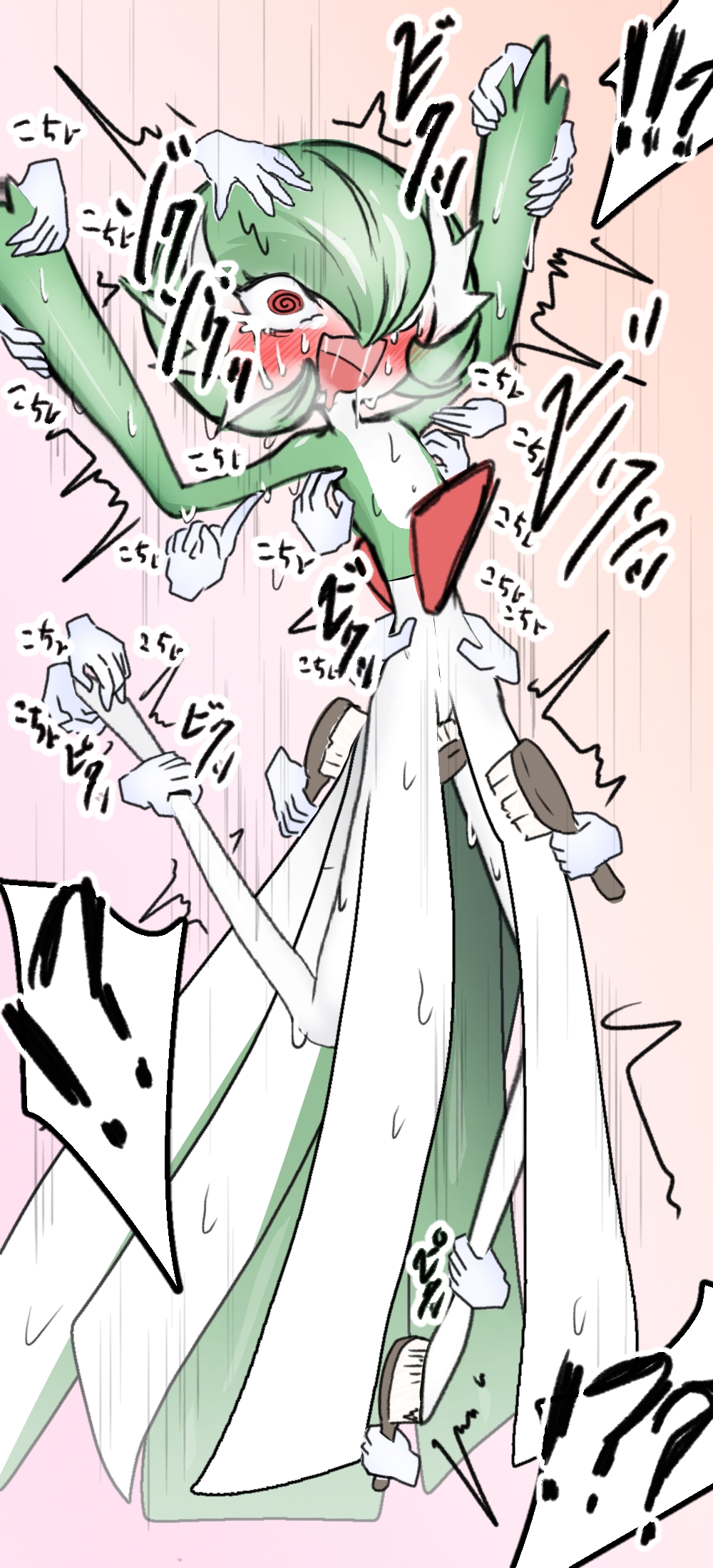 !? 1girl @_@ bad_id bad_pixiv_id bath_brush between_legs blush bob_cut breath colored_skin constricted_pupils disembodied_hand drooling female_focus flat_chest full_body gardevoir gen_3_pokemon gradient_background green_hair green_skin hair_over_one_eye highres japanese_text leg_up meteo mouth_drool multicolored_skin nintendo no_feet nose_blush one_eye_covered open_mouth pink_background pokemon pokemon_(creature) red_eyes shiny_skin short_hair simple_background smile solo_focus spoken_interrobang sweat tears tickling tickling_armpits tickling_arms tickling_ass tickling_feet tickling_legs tickling_pussy tickling_sides translation_request trembling two-tone_skin white_skin