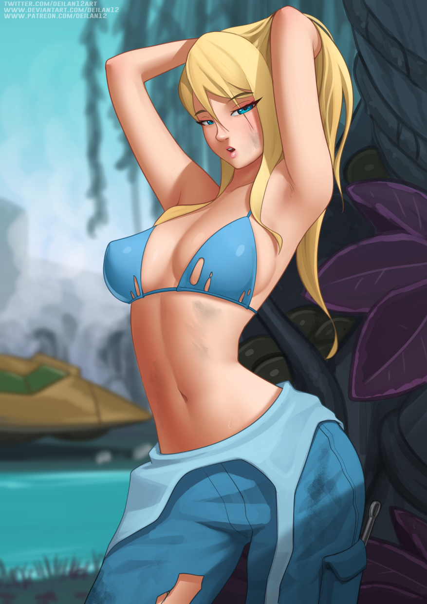 1girl :o aqua_bikini armpits arms_up bikini blonde_hair blue_eyes blurry breasts bruise cleavage commentary covered_erect_nipples day english_commentary hands_in_hair highres injury large_breasts long_hair looking_at_viewer metroid navel nintendo outdoors roncostar samus&#039;s_gunship samus_aran smoke solo spacecraft stomach swimsuit teeth torn_clothes upper_teeth_only watermark web_address wrench