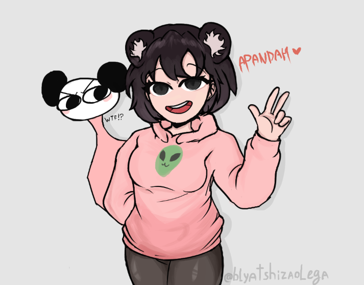 1girl animal_ears apandah_(youtube) artist_request bear_ears black_eyes black_hair breasts english_text grey_background hood hoodie medium_breasts open_mouth panda_ears pantyhose pink_hoodie raised_eyebrows short_hair simple_background smile teeth tongue upper_teeth_only youtube