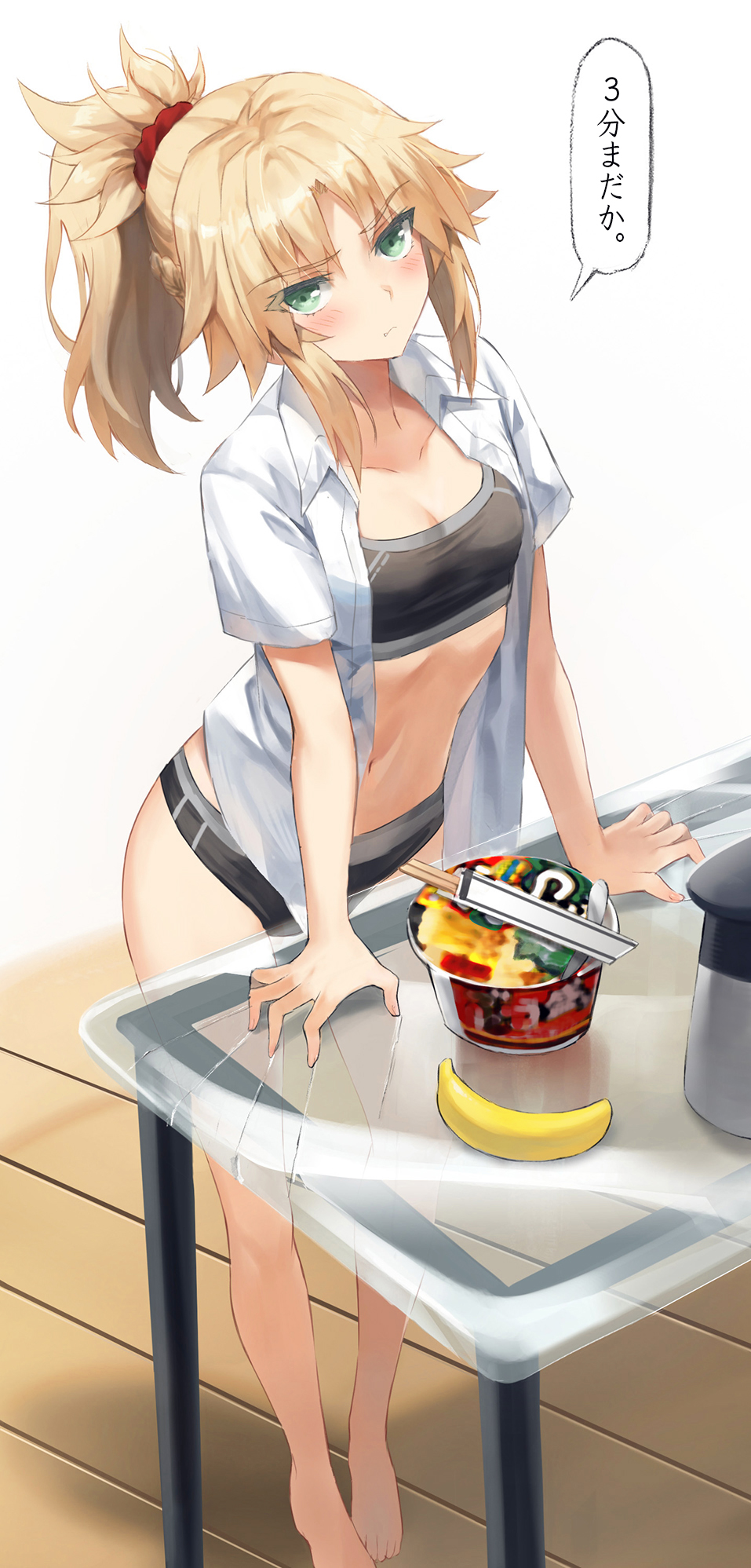 1girl banana bare_legs barefoot black_panties black_sports_bra blonde_hair bra breasts cleavage commentary_request crushing fate/apocrypha fate_(series) feet food fruit green_eyes highres instant_ramen legs mordred_(fate) navel open_clothes open_shirt panties ponytail revision shirt short_hair small_breasts solo speech_bubble sports_bra standing stomach table toes tonee translation_request underwear white_shirt