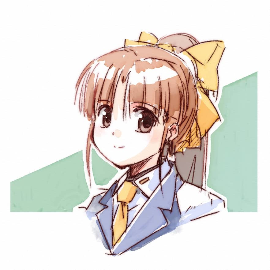 1girl blazer blouse blue_jacket bow brown_eyes brown_hair collared_shirt hair_behind_ear hair_bow jacket looking_to_the_side mizunagi_koubou necktie ponytail portrait saiko_yuki shirt silent_moebius sketch smile solo white_shirt yellow_bow yellow_necktie
