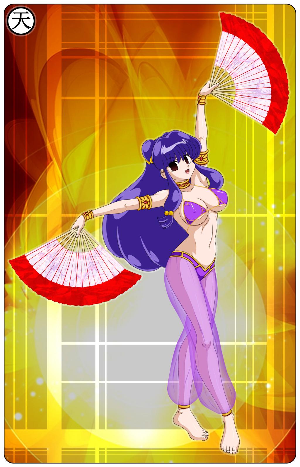 1girl arabian_clothes barefoot bra bracelet breasts brown_eyes cleavage covered_erect_nipples double_bun feet female_focus full_body happy highres jewelry large_breasts long_hair open_mouth purple_bra purple_hair ranma_1/2 shampoo_(ranma_1/2) solo tagme tenzen underwear