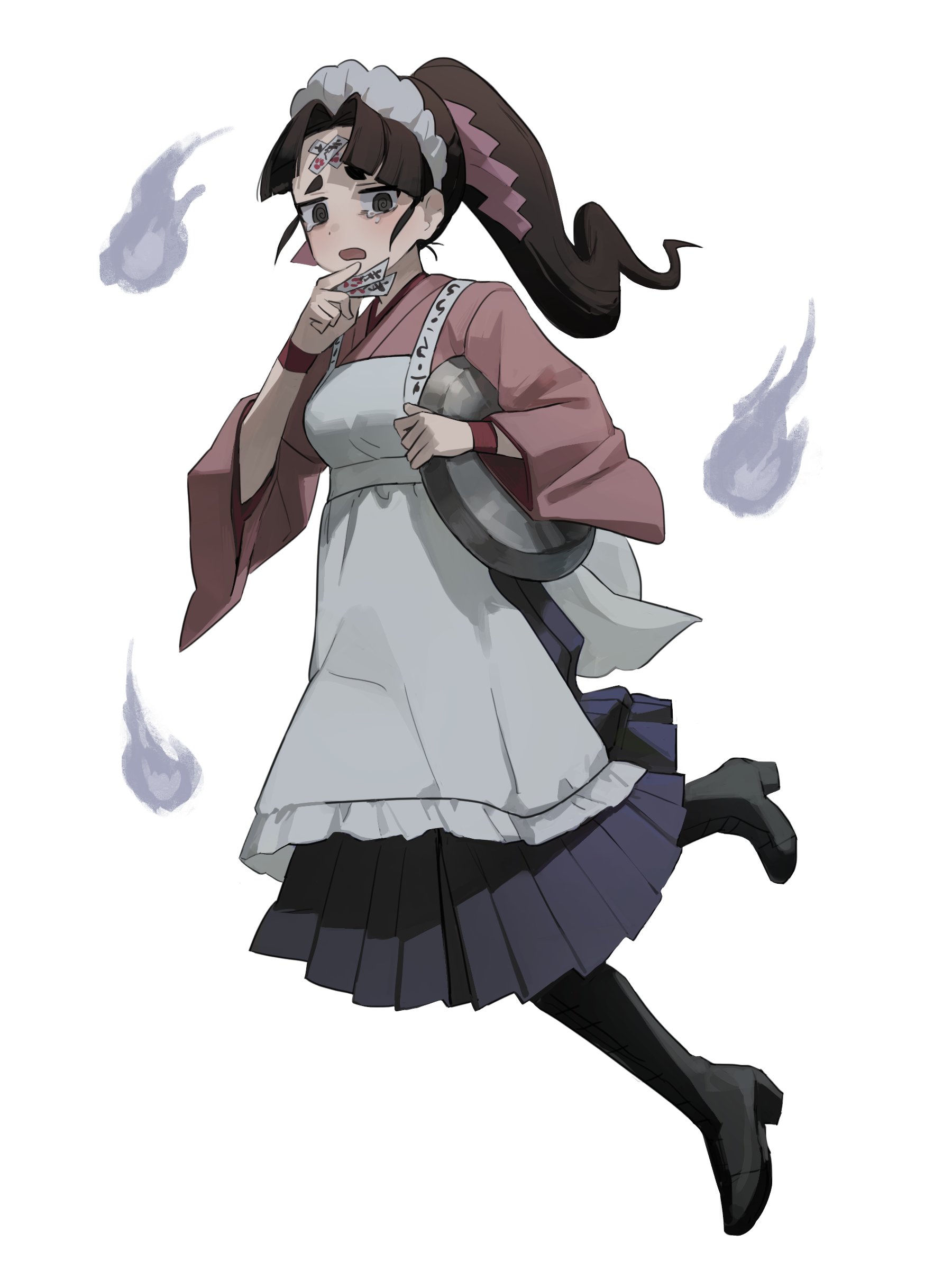 1girl @_@ absurdres ace_attorney apron back_ribbon between_fingers black_boots black_eyes black_hair blue_skirt blunt_ends boots commentary_request curled_fingers curtained_hair dot_nose floating hair_ribbon hakama hakama_skirt hand_up high_heel_boots high_heels high_ponytail highres holding holding_ofuda holding_tray japanese_clothes jinxie_tenma kimono korean_commentary leg_up long_sleeves looking_to_the_side maid_apron maid_headdress medium_skirt ofuda ofuda_between_fingers ofuda_on_head open_mouth phoenix_wright:_ace_attorney_-_dual_destinies pink_kimono pink_ribbon ponytail ribbon sidelocks simple_background skirt solo tears thick_eyebrows three_quarter_view tray white_background white_ribbon wide_sleeves will-o'-the-wisp_(mythology) wristband zyaaaak