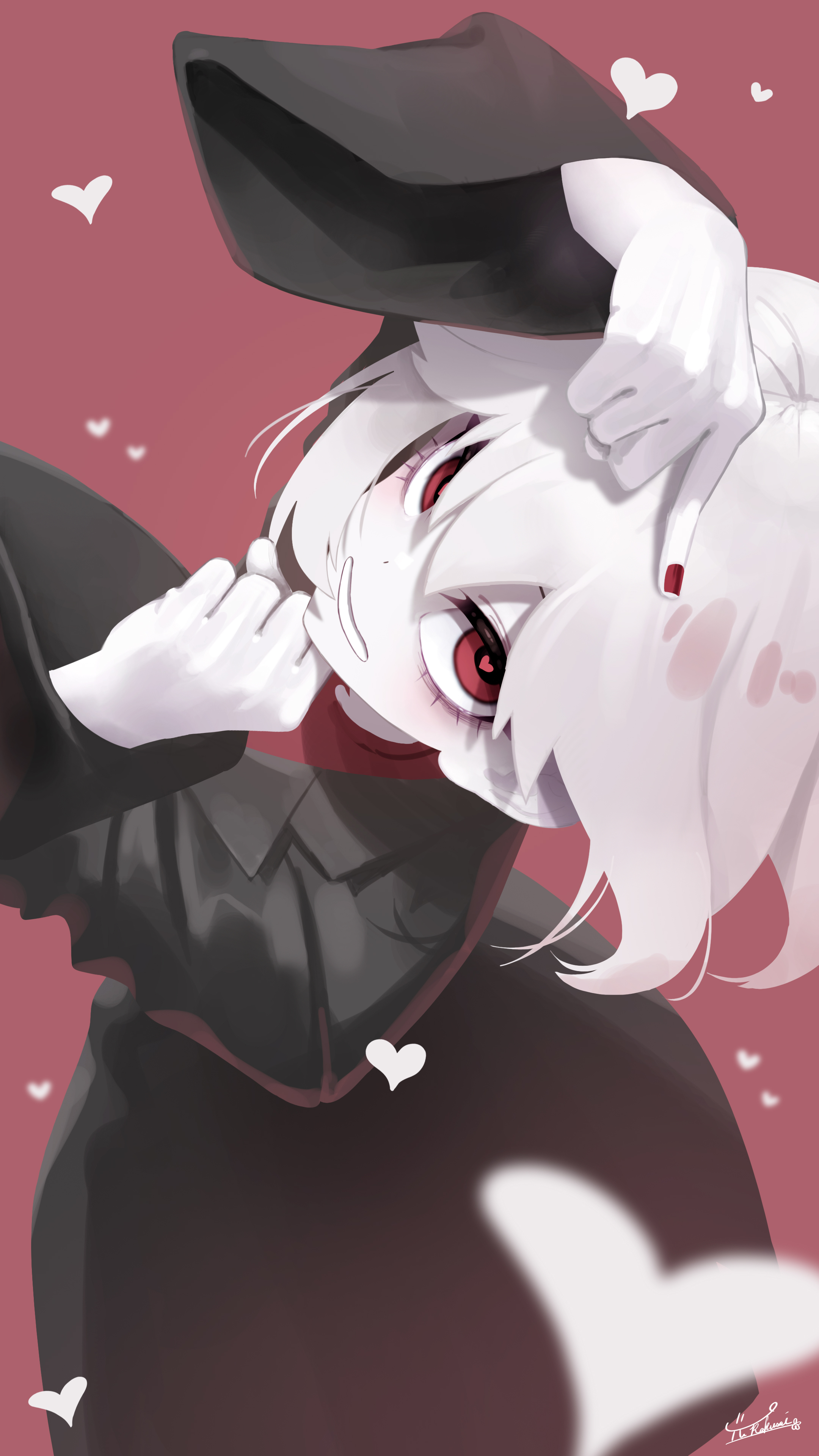 1girl absurdres black_coat coat crazy_eyes eyeshadow finger_to_head heart heart-shaped_pupils heart_111_(yuri) highres long_coat long_sleeves looking_at_viewer makeup pale_skin parted_lips purple_eyeshadow red_background red_eyes red_nails red_shirt shirt short_hair signature simple_background smile solo symbol-shaped_pupils teeth white_hair wide_sleeves yurakusai